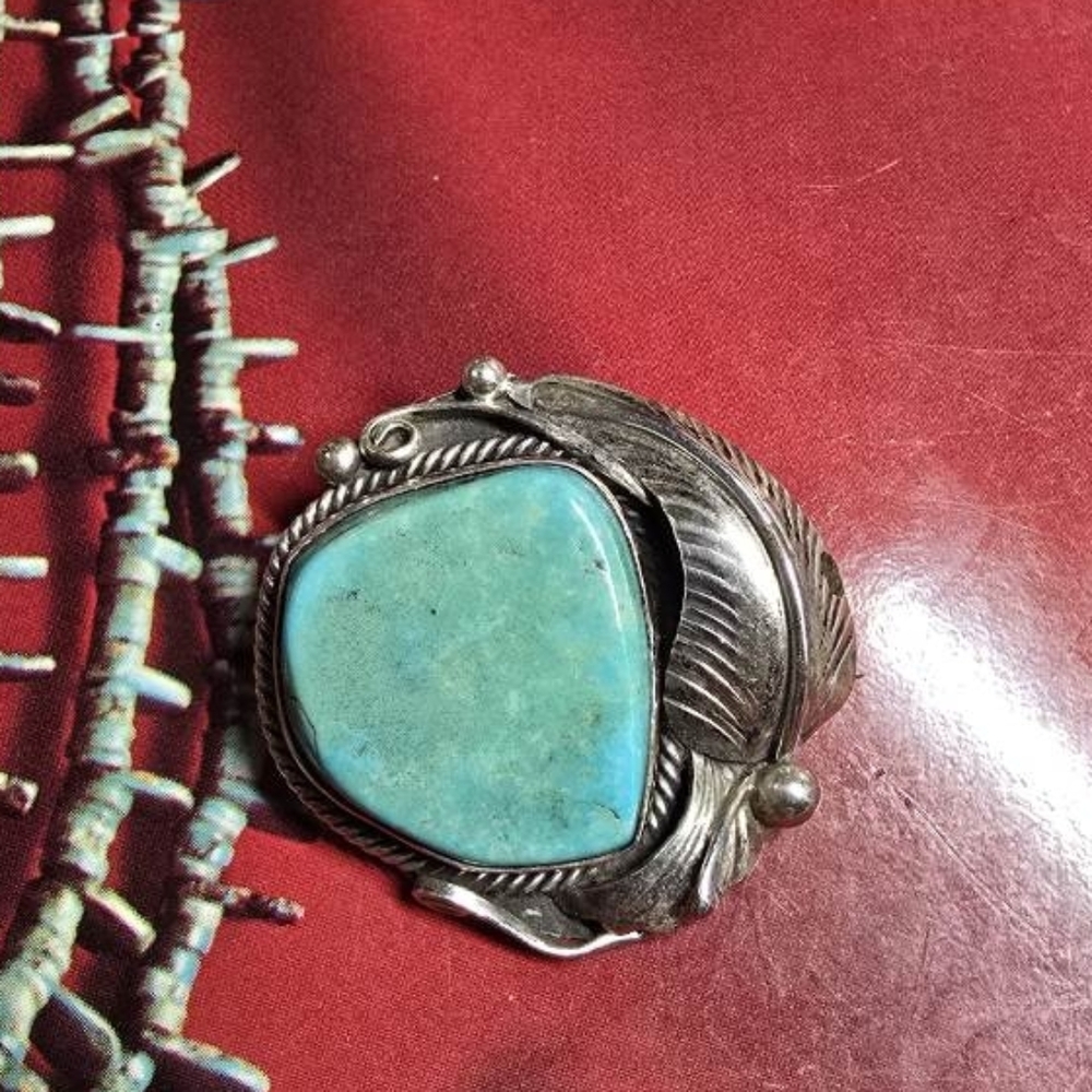 Vintage Navajo Sterling Silver and Kingman Turquoise Signed Brooch